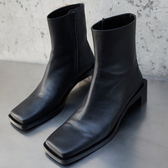 Zara Shoes - NEW ZARA Black Leather Square Toe Heeled Leather Ankle Boots 10